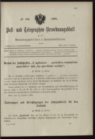 Post- und Telegraphen-Verordnungsblatt für das Verwaltungsgebiet des K.-K. Handelsministeriums 18981015 Seite: 1