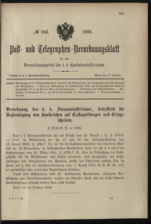 Post- und Telegraphen-Verordnungsblatt für das Verwaltungsgebiet des K.-K. Handelsministeriums 18981027 Seite: 1