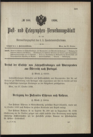 Post- und Telegraphen-Verordnungsblatt für das Verwaltungsgebiet des K.-K. Handelsministeriums 18981029 Seite: 1