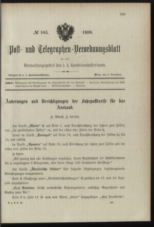 Post- und Telegraphen-Verordnungsblatt für das Verwaltungsgebiet des K.-K. Handelsministeriums 18981102 Seite: 1