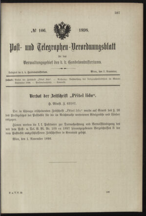 Post- und Telegraphen-Verordnungsblatt für das Verwaltungsgebiet des K.-K. Handelsministeriums 18981103 Seite: 1