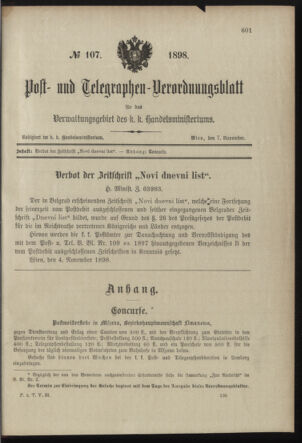 Post- und Telegraphen-Verordnungsblatt für das Verwaltungsgebiet des K.-K. Handelsministeriums 18981107 Seite: 1