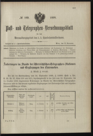 Post- und Telegraphen-Verordnungsblatt für das Verwaltungsgebiet des K.-K. Handelsministeriums 18981112 Seite: 1