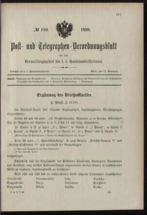 Post- und Telegraphen-Verordnungsblatt für das Verwaltungsgebiet des K.-K. Handelsministeriums 18981116 Seite: 1