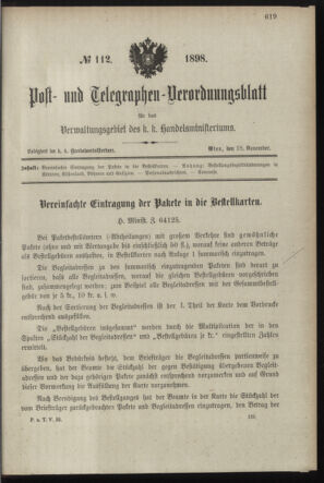 Post- und Telegraphen-Verordnungsblatt für das Verwaltungsgebiet des K.-K. Handelsministeriums 18981118 Seite: 1