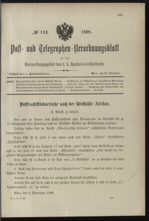 Post- und Telegraphen-Verordnungsblatt für das Verwaltungsgebiet des K.-K. Handelsministeriums 18981122 Seite: 1