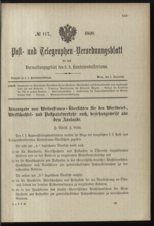 Post- und Telegraphen-Verordnungsblatt für das Verwaltungsgebiet des K.-K. Handelsministeriums