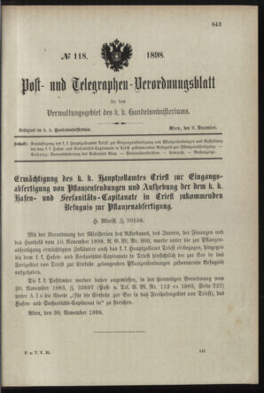 Post- und Telegraphen-Verordnungsblatt für das Verwaltungsgebiet des K.-K. Handelsministeriums 18981209 Seite: 1