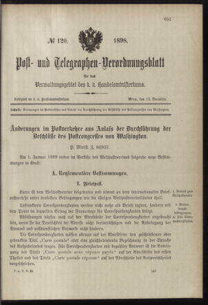 Post- und Telegraphen-Verordnungsblatt für das Verwaltungsgebiet des K.-K. Handelsministeriums 18981214 Seite: 1