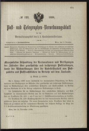 Post- und Telegraphen-Verordnungsblatt für das Verwaltungsgebiet des K.-K. Handelsministeriums 18981216 Seite: 1