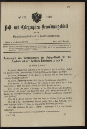 Post- und Telegraphen-Verordnungsblatt für das Verwaltungsgebiet des K.-K. Handelsministeriums 18981221 Seite: 1