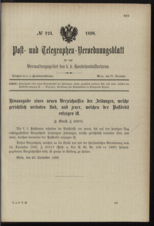 Post- und Telegraphen-Verordnungsblatt für das Verwaltungsgebiet des K.-K. Handelsministeriums 18981221 Seite: 15