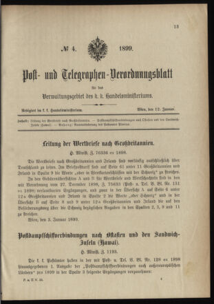 Post- und Telegraphen-Verordnungsblatt für das Verwaltungsgebiet des K.-K. Handelsministeriums 18990112 Seite: 1