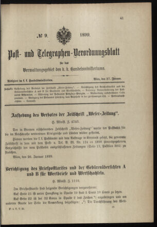 Post- und Telegraphen-Verordnungsblatt für das Verwaltungsgebiet des K.-K. Handelsministeriums 18990127 Seite: 1