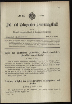 Post- und Telegraphen-Verordnungsblatt für das Verwaltungsgebiet des K.-K. Handelsministeriums 18990206 Seite: 1