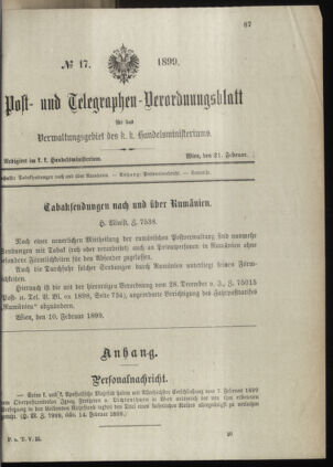 Post- und Telegraphen-Verordnungsblatt für das Verwaltungsgebiet des K.-K. Handelsministeriums 18990221 Seite: 1