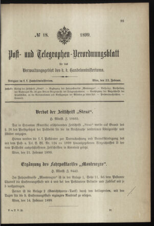 Post- und Telegraphen-Verordnungsblatt für das Verwaltungsgebiet des K.-K. Handelsministeriums 18990223 Seite: 1