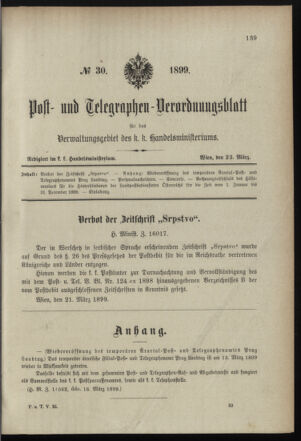 Post- und Telegraphen-Verordnungsblatt für das Verwaltungsgebiet des K.-K. Handelsministeriums 18990323 Seite: 1