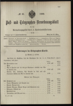 Post- und Telegraphen-Verordnungsblatt für das Verwaltungsgebiet des K.-K. Handelsministeriums 18990330 Seite: 1