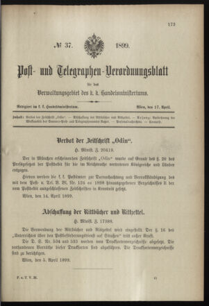 Post- und Telegraphen-Verordnungsblatt für das Verwaltungsgebiet des K.-K. Handelsministeriums 18990417 Seite: 1