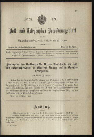 Post- und Telegraphen-Verordnungsblatt für das Verwaltungsgebiet des K.-K. Handelsministeriums 18990420 Seite: 1