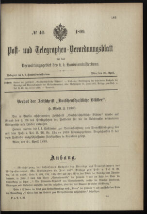 Post- und Telegraphen-Verordnungsblatt für das Verwaltungsgebiet des K.-K. Handelsministeriums 18990424 Seite: 1