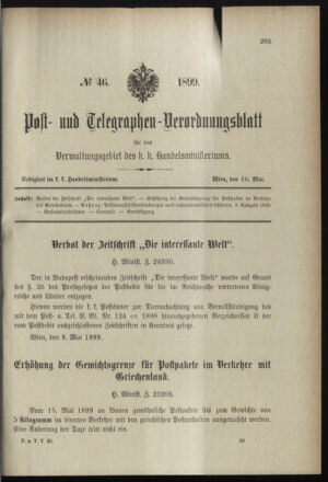 Post- und Telegraphen-Verordnungsblatt für das Verwaltungsgebiet des K.-K. Handelsministeriums 18990510 Seite: 1