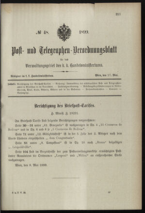 Post- und Telegraphen-Verordnungsblatt für das Verwaltungsgebiet des K.-K. Handelsministeriums 18990517 Seite: 1