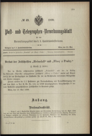 Post- und Telegraphen-Verordnungsblatt für das Verwaltungsgebiet des K.-K. Handelsministeriums 18990520 Seite: 1