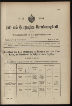 Post- und Telegraphen-Verordnungsblatt für das Verwaltungsgebiet des K.-K. Handelsministeriums 18990606 Seite: 1