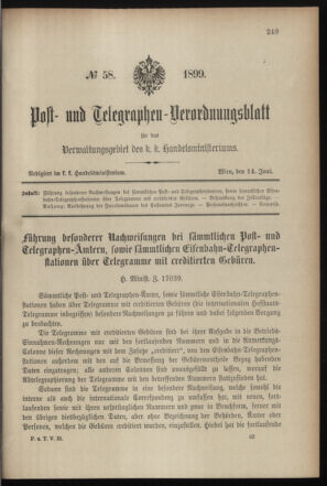 Post- und Telegraphen-Verordnungsblatt für das Verwaltungsgebiet des K.-K. Handelsministeriums 18990614 Seite: 1