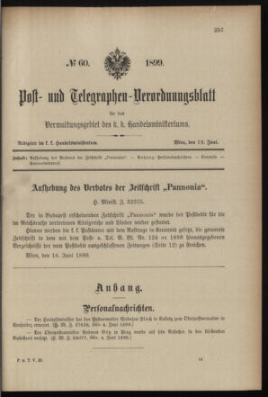 Post- und Telegraphen-Verordnungsblatt für das Verwaltungsgebiet des K.-K. Handelsministeriums 18990619 Seite: 1