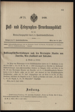 Post- und Telegraphen-Verordnungsblatt für das Verwaltungsgebiet des K.-K. Handelsministeriums 18990712 Seite: 1