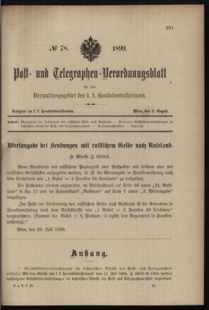 Post- und Telegraphen-Verordnungsblatt für das Verwaltungsgebiet des K.-K. Handelsministeriums 18990802 Seite: 1