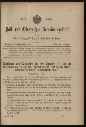 Post- und Telegraphen-Verordnungsblatt für das Verwaltungsgebiet des K.-K. Handelsministeriums 18990811 Seite: 1