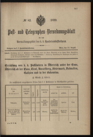 Post- und Telegraphen-Verordnungsblatt für das Verwaltungsgebiet des K.-K. Handelsministeriums 18990816 Seite: 1