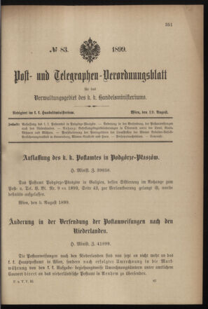 Post- und Telegraphen-Verordnungsblatt für das Verwaltungsgebiet des K.-K. Handelsministeriums 18990819 Seite: 1