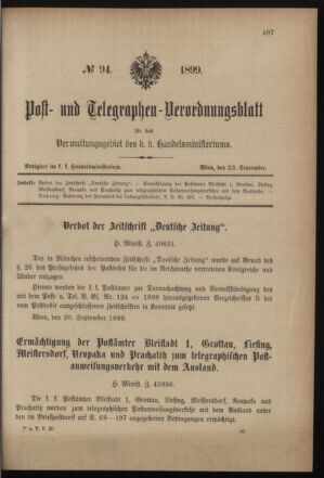 Post- und Telegraphen-Verordnungsblatt für das Verwaltungsgebiet des K.-K. Handelsministeriums 18990923 Seite: 1