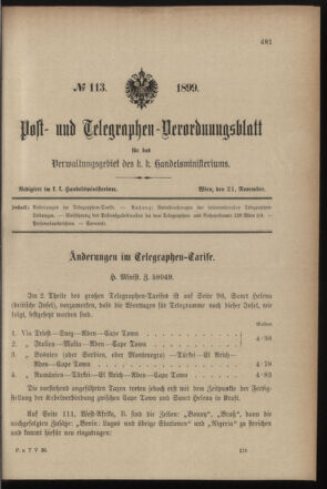 Post- und Telegraphen-Verordnungsblatt für das Verwaltungsgebiet des K.-K. Handelsministeriums 18991121 Seite: 1