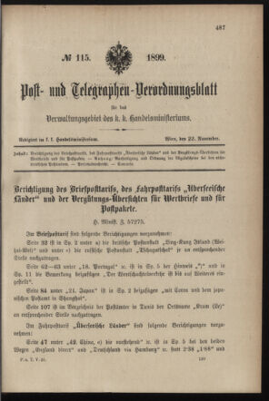 Post- und Telegraphen-Verordnungsblatt für das Verwaltungsgebiet des K.-K. Handelsministeriums 18991122 Seite: 1