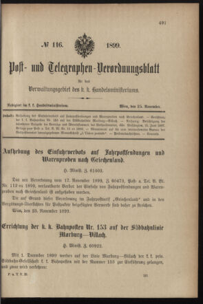 Post- und Telegraphen-Verordnungsblatt für das Verwaltungsgebiet des K.-K. Handelsministeriums 18991125 Seite: 1