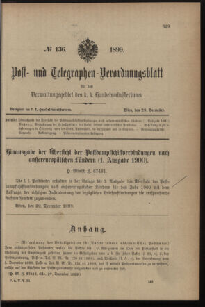 Post- und Telegraphen-Verordnungsblatt für das Verwaltungsgebiet des K.-K. Handelsministeriums 18991229 Seite: 1