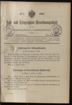 Post- und Telegraphen-Verordnungsblatt für das Verwaltungsgebiet des K.-K. Handelsministeriums 19000104 Seite: 1