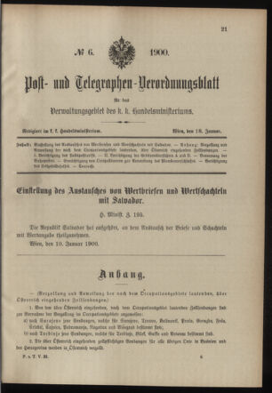 Post- und Telegraphen-Verordnungsblatt für das Verwaltungsgebiet des K.-K. Handelsministeriums 19000118 Seite: 1