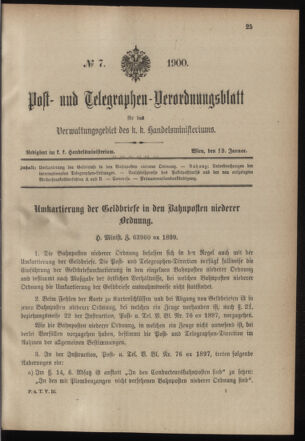 Post- und Telegraphen-Verordnungsblatt für das Verwaltungsgebiet des K.-K. Handelsministeriums 19000119 Seite: 1