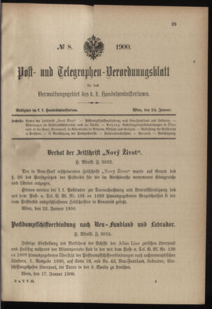 Post- und Telegraphen-Verordnungsblatt für das Verwaltungsgebiet des K.-K. Handelsministeriums 19000124 Seite: 1