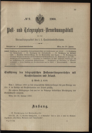 Post- und Telegraphen-Verordnungsblatt für das Verwaltungsgebiet des K.-K. Handelsministeriums 19000130 Seite: 1