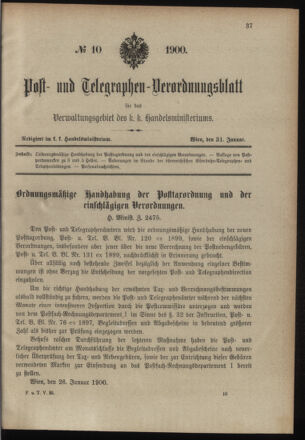 Post- und Telegraphen-Verordnungsblatt für das Verwaltungsgebiet des K.-K. Handelsministeriums 19000131 Seite: 1