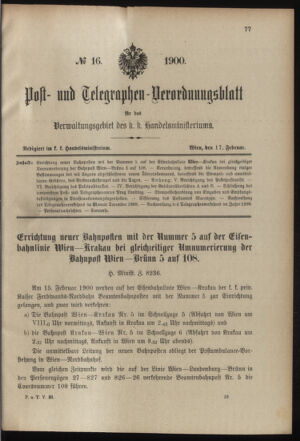 Post- und Telegraphen-Verordnungsblatt für das Verwaltungsgebiet des K.-K. Handelsministeriums 19000217 Seite: 1