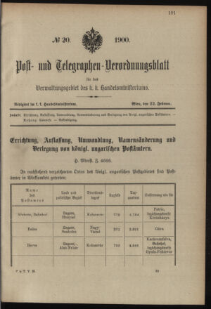 Post- und Telegraphen-Verordnungsblatt für das Verwaltungsgebiet des K.-K. Handelsministeriums 19000222 Seite: 1